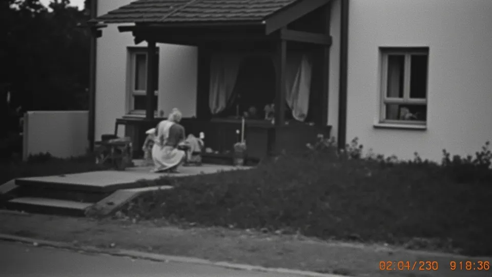A photograph of the grandmother kneeling before a nativity scene inside the house, taken from across the street at a distance of ten meters.