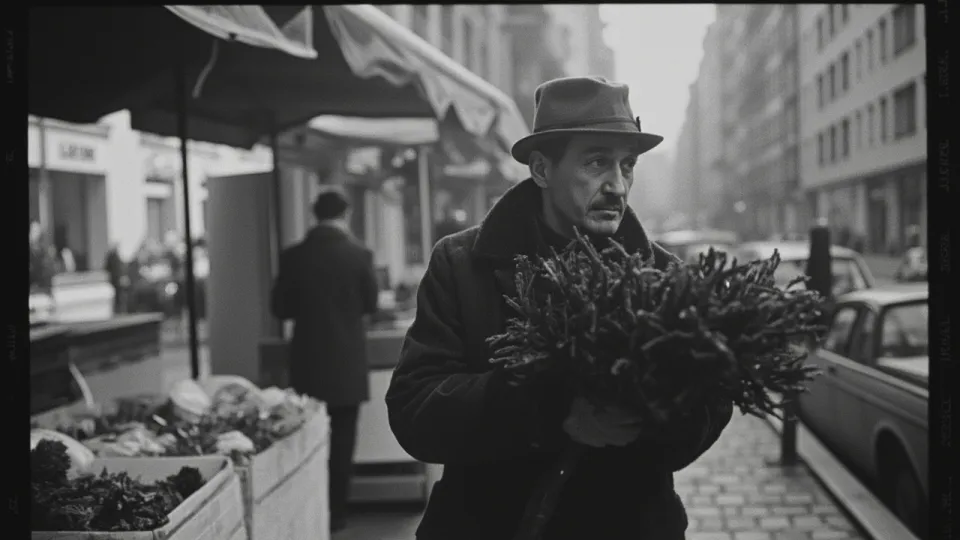 A tilted, out‑of‑focus photo shows a man in a fur hat buying a Christmas tree at a market stall in Sarajevo, taken from a second‑floor balcony 18 m away.