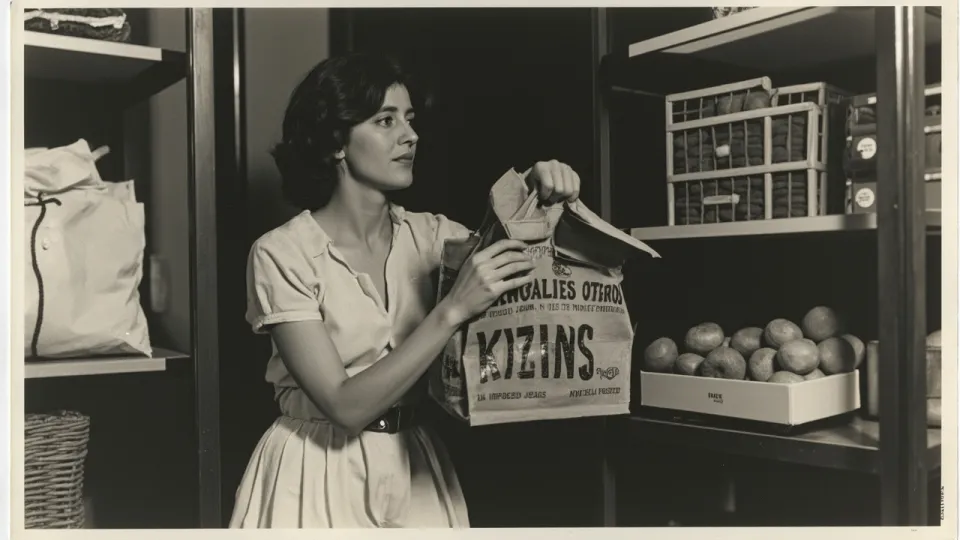 A grainy photo of a woman placing a bag of imported jeans on a cellar shelf beside a basket of kiwis, taken from 4 meters away.